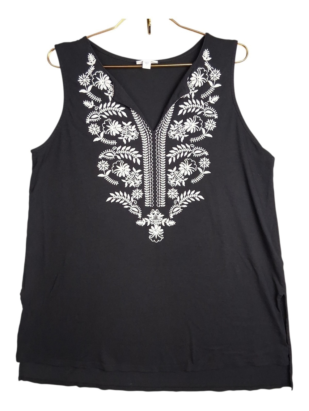 J Jill Embroidered Tank Top L Large Black White Floral V Neck Sleeveless Tunic